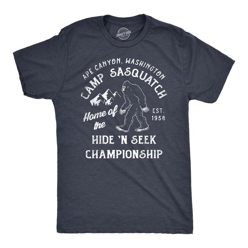 Camp Sasquatch Home Hide Seek Championship Funny Bigfoot Joke Guys Funny Cool Soft Casual Menswear Funny Sarcastic Short Sleeve Novelty Navy T-Shirts, Hoodie, Sweatshirt