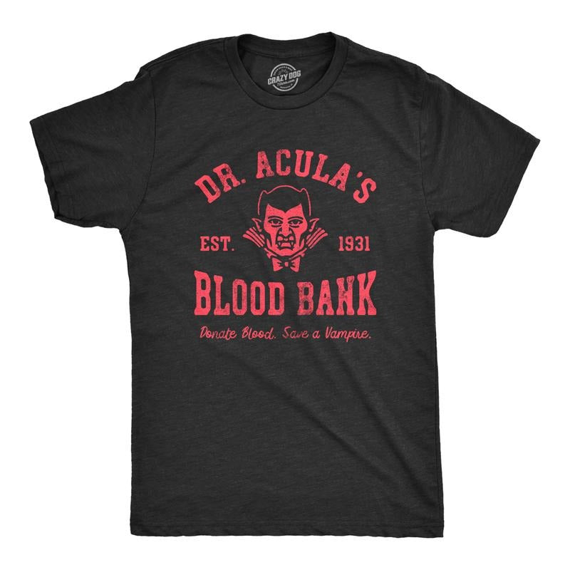 Mens Dr Aculas Blood Bank T Shirt Funny Scary Halloween Party Vampire Donor Tee for Guys Mens Funny T Shirts Cool Tees...