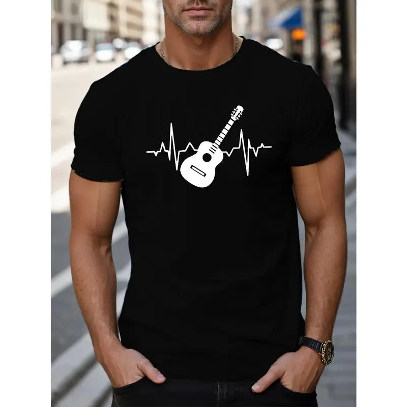 Mens Fashionable Guitar Cardiogram T-shirt - Stretchy, Breathable, Short Sleeve - Perfect Fit, Quick-Drying Tee for...