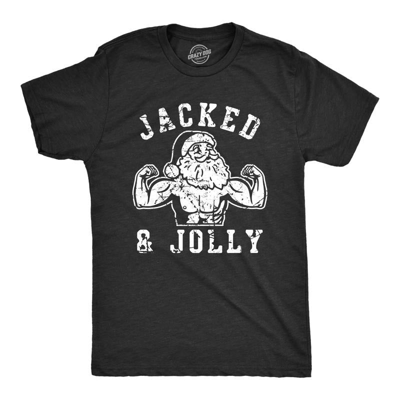 Mens Jacked and Jolly T Shirt Funny Xmas Buff Ripped Santa Claus Exercise Tee for Guys Mens Funny T Shirts Cool Tees Soft...