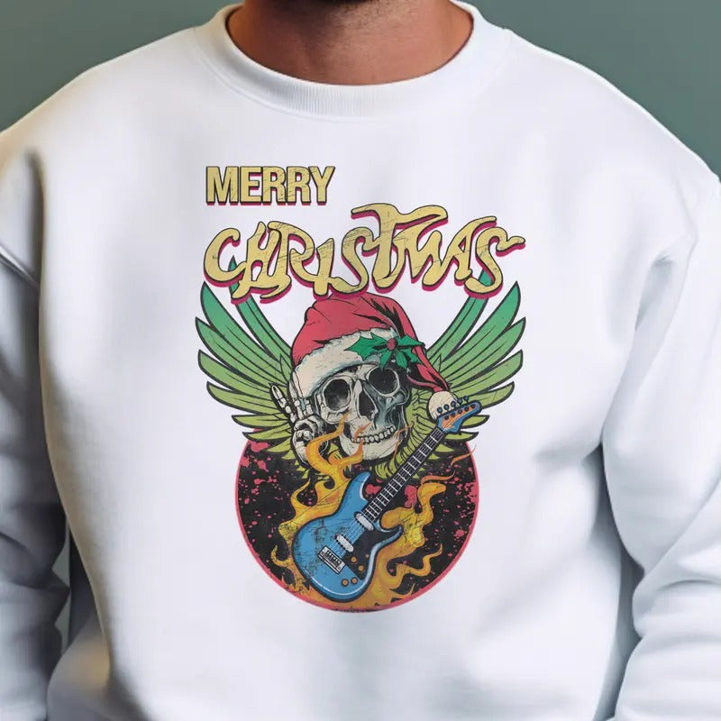 Mens Merry Christmas Rocker Tshirt Skull Christmas Sweatshirt Vintage Skull Rock Music Tee Christmas Skeleton Santa...