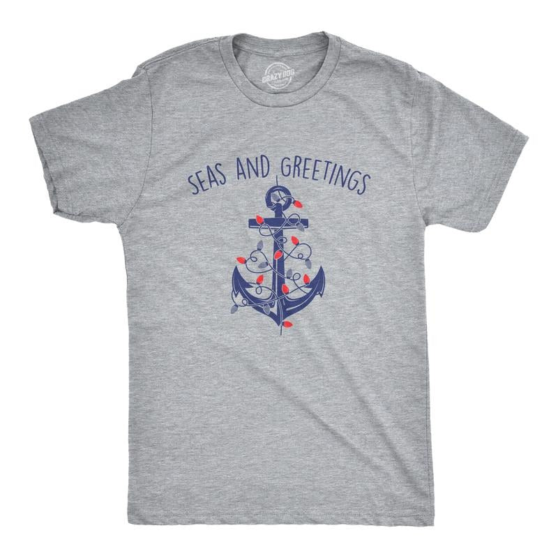 Seas Greetings Funny Xmas Lights Sailing Anchor Joke Guys Funny Cool Soft Casual Menswear Funny Sarcastic Short Sleeve Light Grey T-Shirts, Hoodie, Sweatshirt