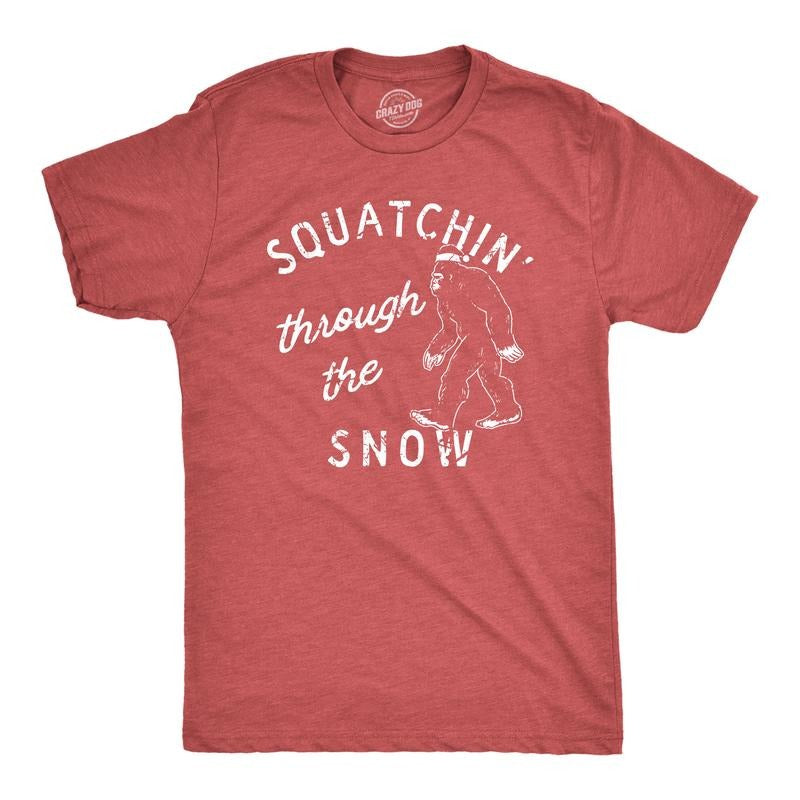 Squatchin Through Snow Funny Xmas Bigfoot Sasquatch Guys Funny Cool Soft Casual Menswear Funny Sarcastic Short Sleeve Red T-Shirts, Hoodie, Sweatshirt