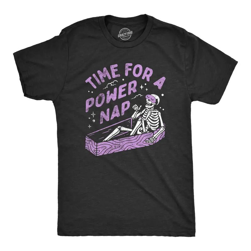 Mens Time for A Power Nap T Shirt Funny Halloween Sleepy Skeleton Coffin Joke Tee for Guys Mens Funny T Shirts Cool Tees...