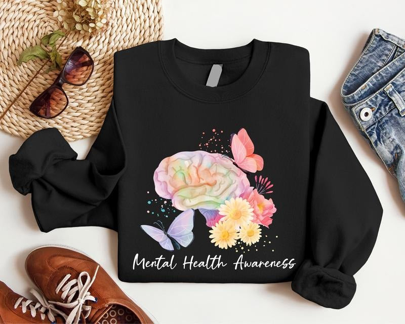 Mental Health Awareness Sweatshirt, Floral Brain Hoodie, Watercolor Healthy Mind Sweatshirt, Motivational Hoodie,...