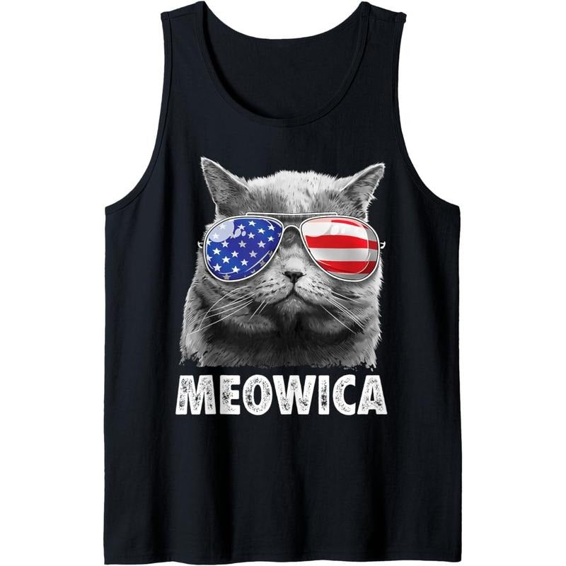 Meowica Cat 4th of July Merica Men Women USA American Flag Tank Top made in USA T-Shirts, Hoodie, Sweatshirt