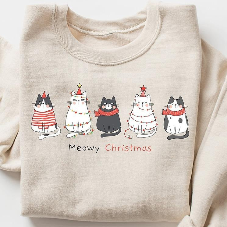 Meowy Christmas Crewneck Sweatshirt, Funny Cat Christmas Hoodie, T-shirt | GrindPrints.com