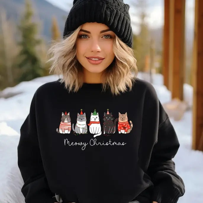 Meowy Christmas Sweatshirt, Happy Cat Year Shirt, Funny Christmas Cat Shirt, Cat Christmas Sweatshirt, Cats Sweatshirt,...
