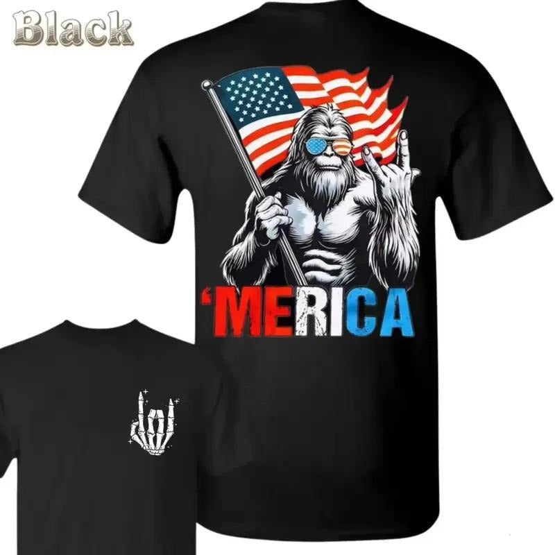 Merica Bigfoot Holding Flag Rock Hand Skeleton 4th July Shirt Independence Day Red White Blue Patriotic Shirt Top T-Shirts, Hoodie, Sweatshirt