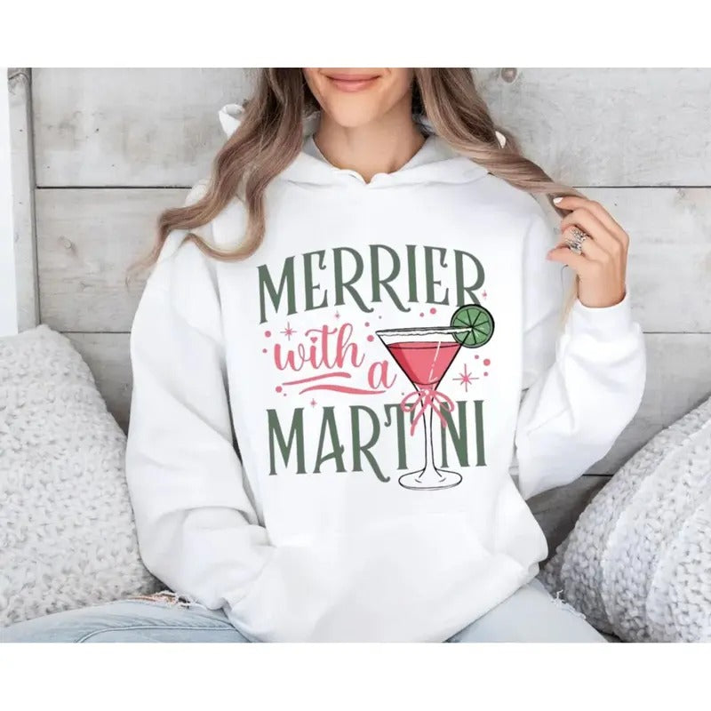 Merrier With A Martini Retro Christmas T Shirt, Funny Holiday Cocktail Sweatshirt, Vintage Xmas Party Shirt, Holiday...