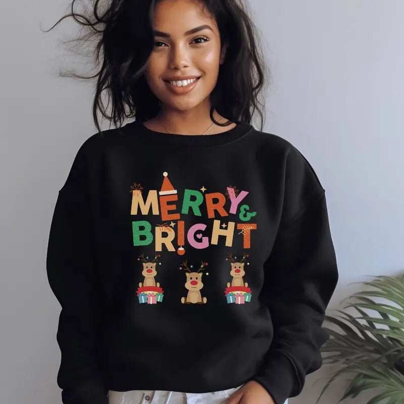 Merry & Bright Christmas Sweatshirt, Holiday Sweatshirt, Christmas Sweatshirt, Long Sleeve Crewneck Shirt, Christmas...