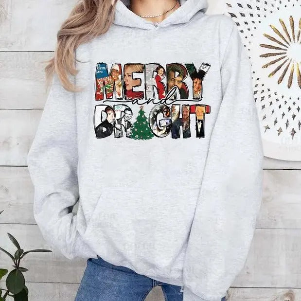 Merry And Briight Christmas Hoodie Sweatshirt Shirt, Christmas Movie Watching, Christmas 2024, Unisex Short Sleeve Tee