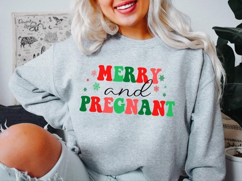 Merry And Pregnant Sweatshirt, Christmas Pregnancy Announcement, X-mas Baby Reveal Sweater, New Mom To Be Christmas Gift...