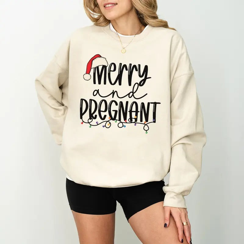 Merry And Pregnant, Pregnancy Announcement Sweatshirt, Baby Reveal Shirt, Mom To Be Crewneck, Winter Sweatshirt,...