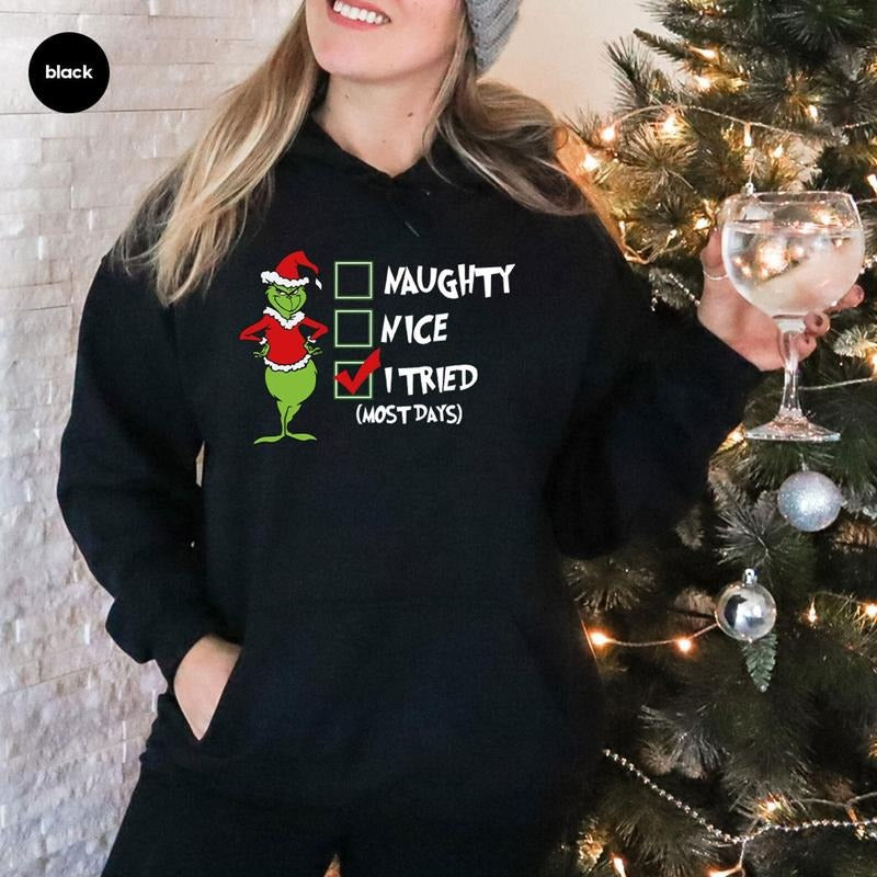 Merry Christmas Grinch Hoodies, Sarcastic Christmas Hoodie, Holiday Outfit, Christmas Grinch Long Sleeve Hoodie Cotton...