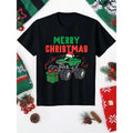 Merry Christmas Monster Truck Print Cotton T-Shirt, All-Season 220gsm Medium Stretch Crew Neck Top, Sports Style Applique...