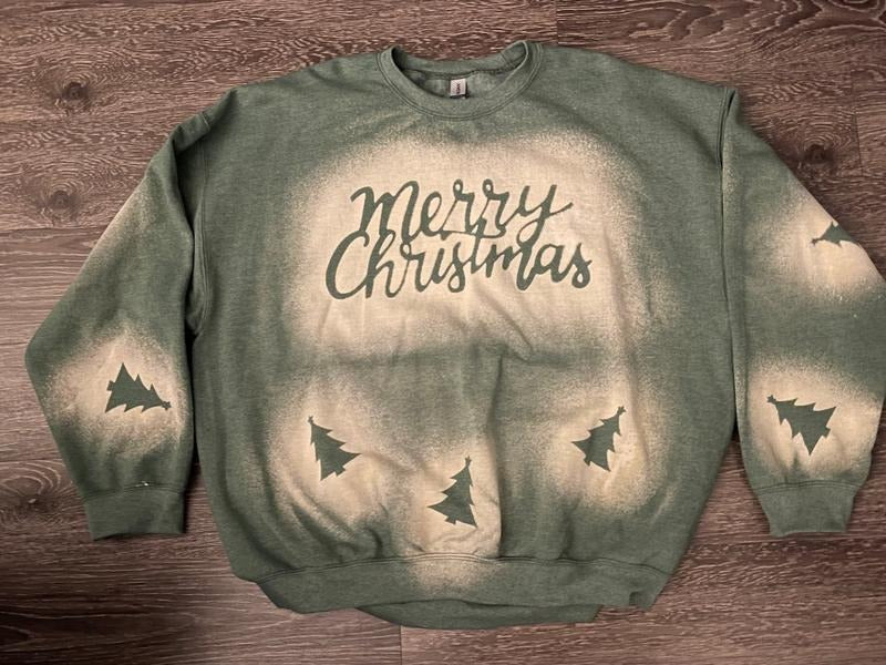 Merry Christmas with Trees Bleached Crewneck T-Shirts, Hoodie, Sweatshirt | GrindPrints.com