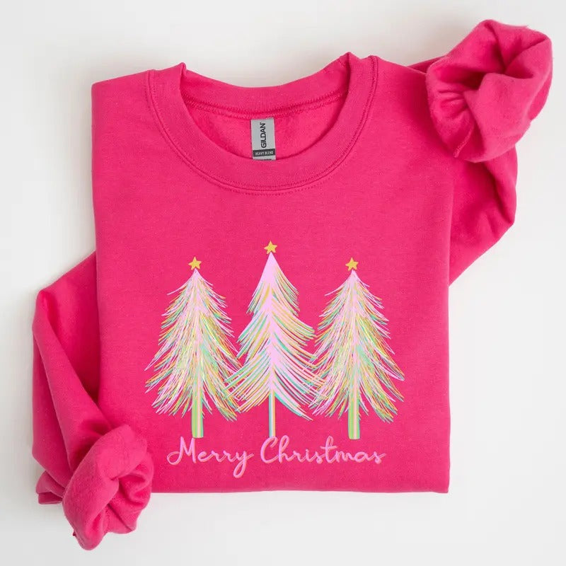 Merry Christmas, Pastel Trees, Winter, Santa, Xmas Sweatshirt, Women's Crew Neck, Crewneck T-Shirts, Hoodie | GrindPrints.com
