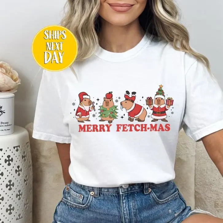 Merry Fetch Mas Capybara Santa Claus T-Shirt, Funny Animal T Shirt Hoodie, Sweatshirt | GrindPrints.com