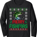 Merry Fishmas Bass Fish Fishing Christmas Ugly Sweater Xmas Long Sleeve T-Shirt Hoodie, Sweatshirt | GrindPrints.com