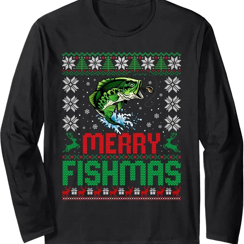 Merry Fishmas Bass Fish Fishing Christmas Ugly Sweater Xmas Long Sleeve T-Shirt Hoodie, Sweatshirt | GrindPrints.com