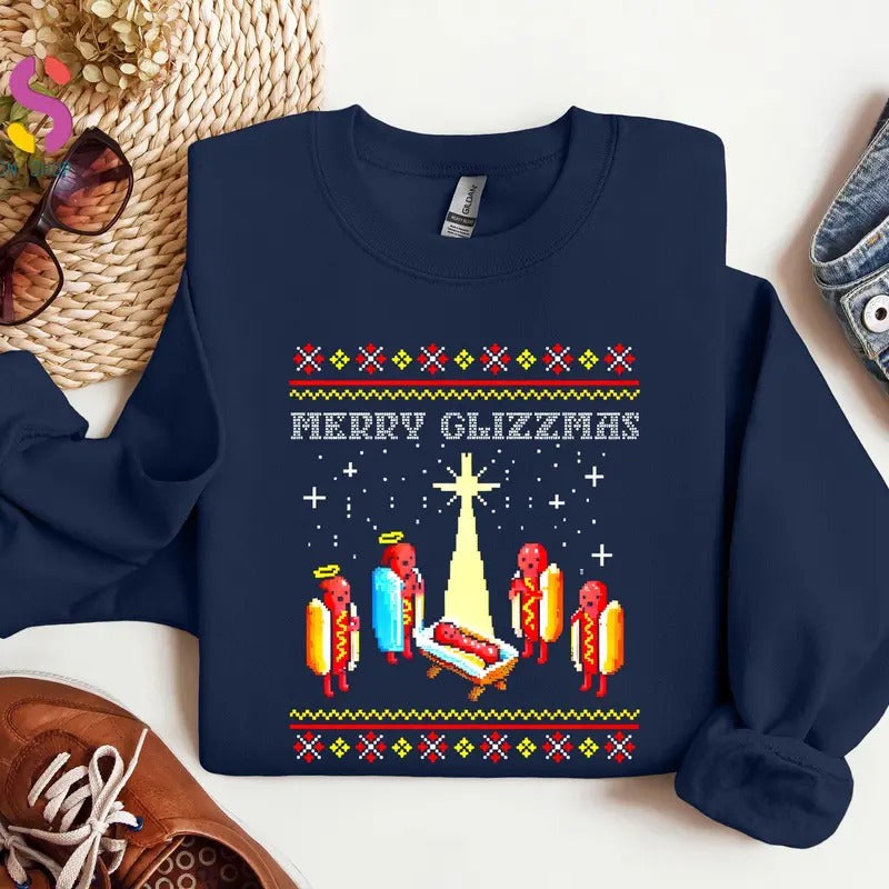 Merry Glizzmas Sweatshirt, Tacky Hoodie, Funny Hot Dogs Sweatshirt, Christmas Ugly Sweater, Funny Christmas Gifts...