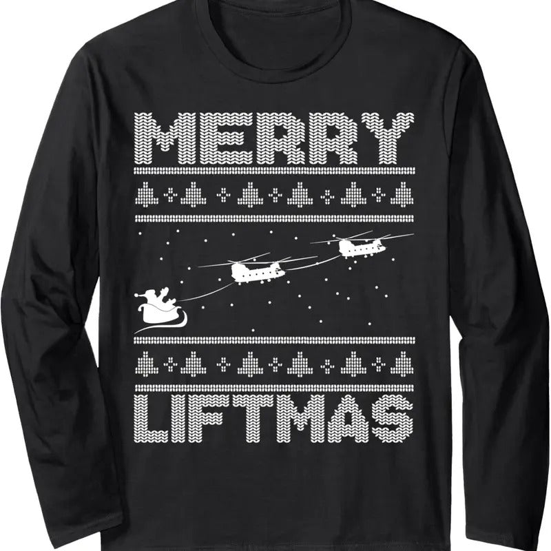 Merry Liftmas Chinook Helicopter Ugly Christmas Chinook Long Sleeve T-Shirt Hoodie, Sweatshirt | GrindPrints.com