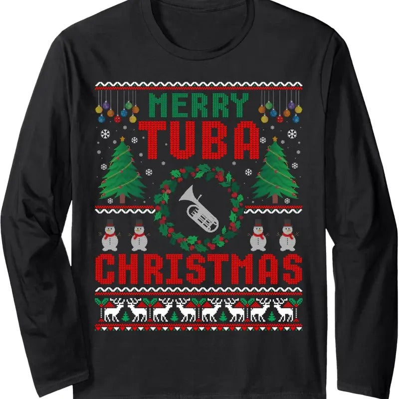 Merry Tuba Christmas Ugly Sweater Music Instrument Long Sleeve T-Shirt Hoodie, Sweatshirt | GrindPrints.com
