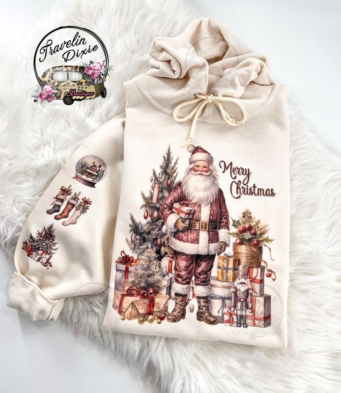 Merry Vintage Santa Christmas Sweatshirt or Hoodie with sleeve print T-Shirts | GrindPrints.com