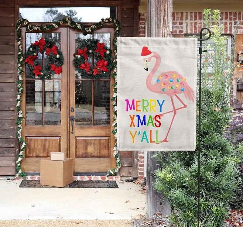 Merry Xmas Y'All Flamingo, Christmas Garden Flag, Festive Winter Outdoor Decor T-Shirts, Hoodie, Sweatshirt | GrindPrints.com