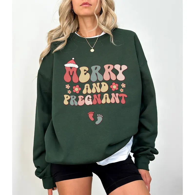 Merry Pregnant Sweatershirt Pregnancy Announcement Funny T-Shirts, Hoodie, Sweatshirt