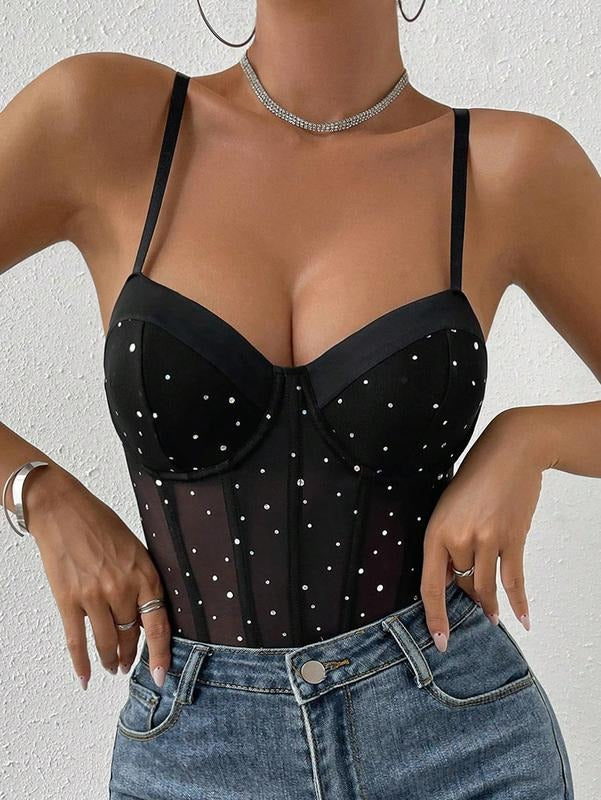 Mesh Sheer Bodysuit Rhinestone Bustier Sleeveless Leotards T-Shirts, Hoodie, Sweatshirt | GrindPrints.com