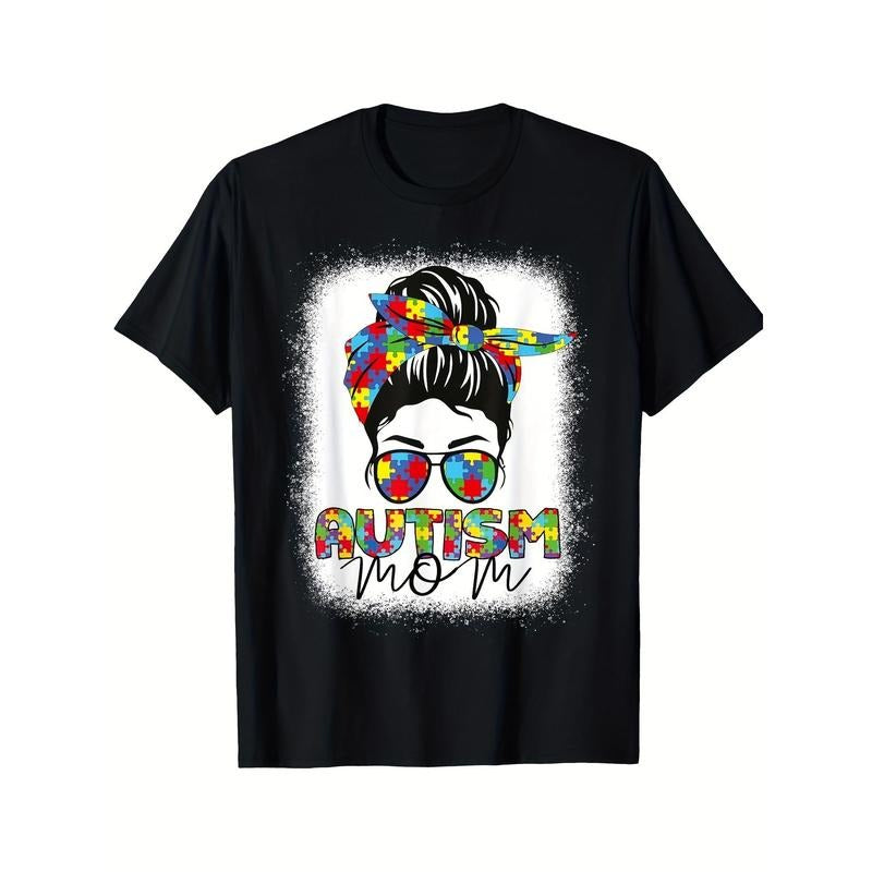 [Messy Bun Autism Mom] Mothers Day Autism Mom T-Shirt 2024 - Messy Bun Bleached Printed Pattern