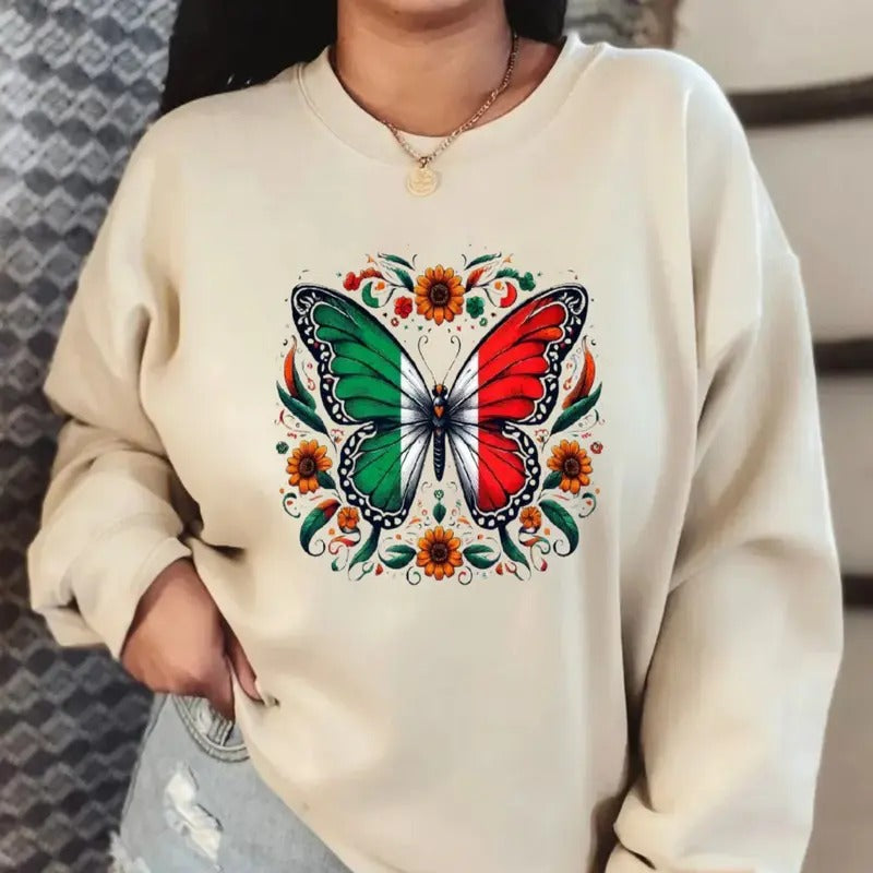 Mexican Flag Butterfly Sweatshirt, Pride Mexican Independance Day Sweatshirt, Mexican Heritage Sweatshirt, Mexican Girl...