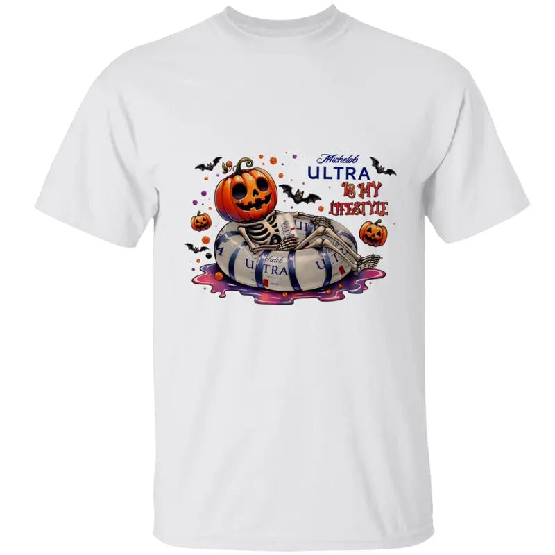 Michellob Ulltra beer Tshirt, Skeleton Pumpkin Shirt, Pumkin Tee, Halloween Shirt, Unisex Classic Cotton Tee with Graphic...