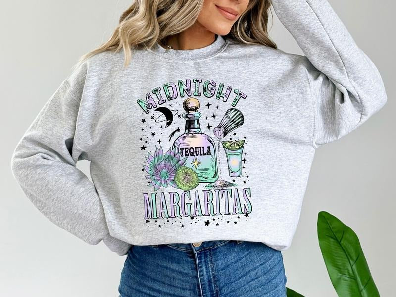 Midnight Margaritas & Tequila Ash Color Sweatshirt, Fun Sweatshirt for a Party, Drinking Buddies Sweatshirt, Tequila...