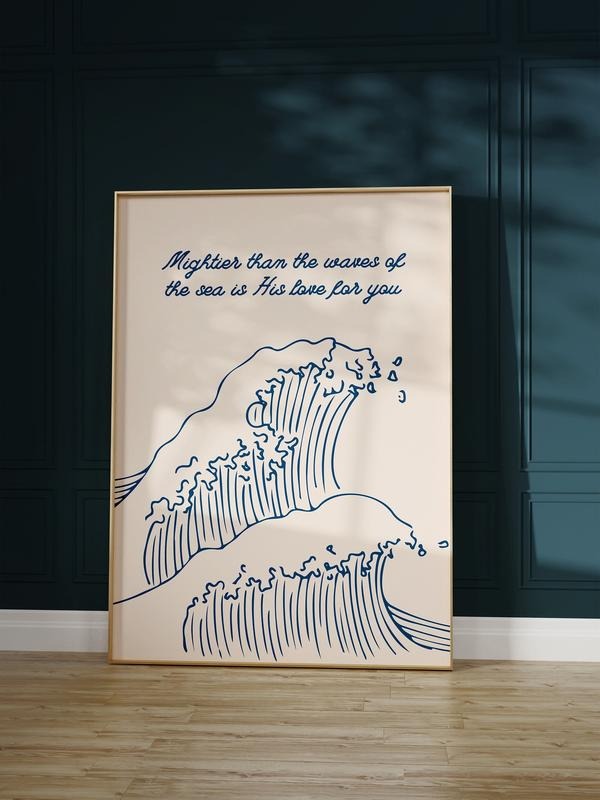 Mightier Than The Waves Art Print, Minimalist Christian Wall Art, Ocean Poster Psalm 93:4 Print, Bible Scripture Art...
