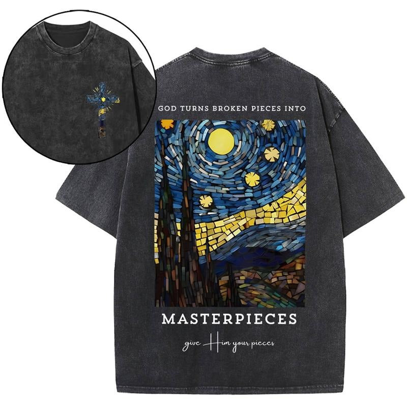 [ Mineral Wash ] God Turns Broken Pieces Into Masterpieces Christian, Night Washed TShirt Jesus Graphic Washed Style...