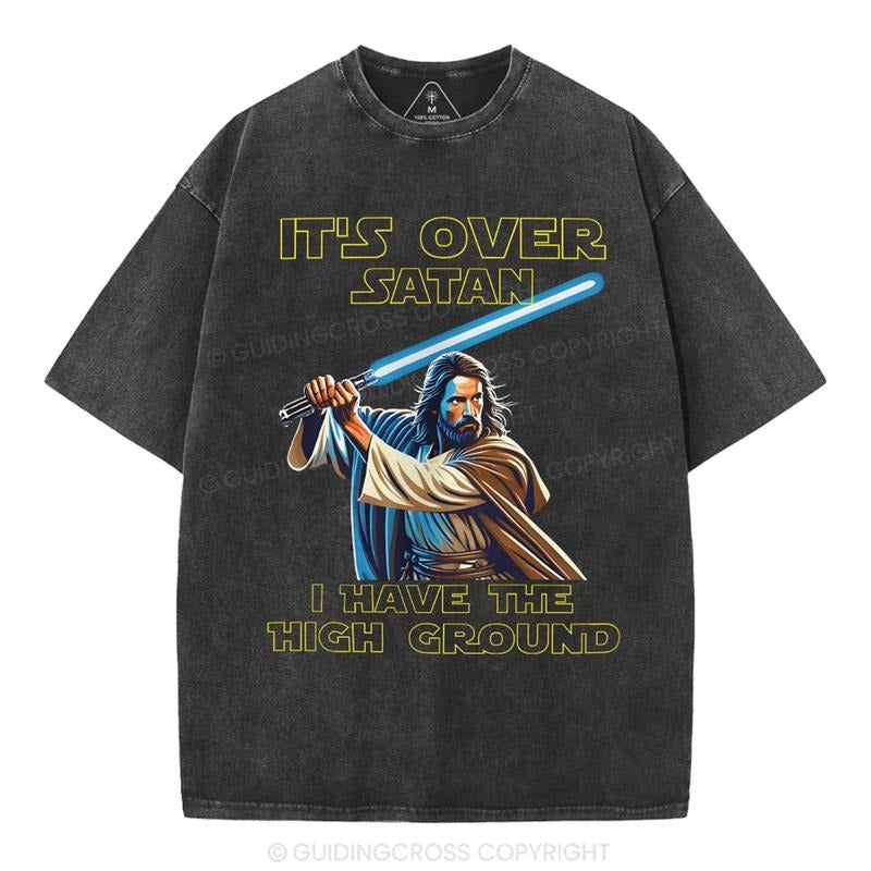 [ Mineral Wash ] It's Over Satan Chrsitian Washed Shirt Jesus Graphic Washed Style Shirt Hoodie, Sweatshirt | GrindPrints.com