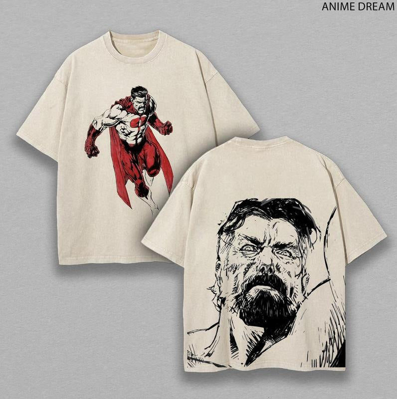 [ Mineral Wash ] Nolan Grayson, OmniMan Invincible Anime Double Printed Vintage Washed Tee Unisex Oversize Heavyweight...