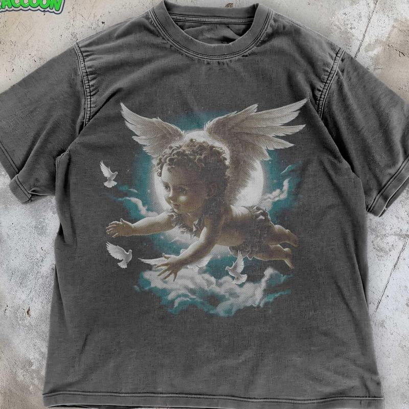 [ Mineral Wash ] Retro Y2K Cherub Vintage Angelcore Washed Streetwear Grunge Dark Angel Distressed T-Shirts, Hoodie, Sweatshirt