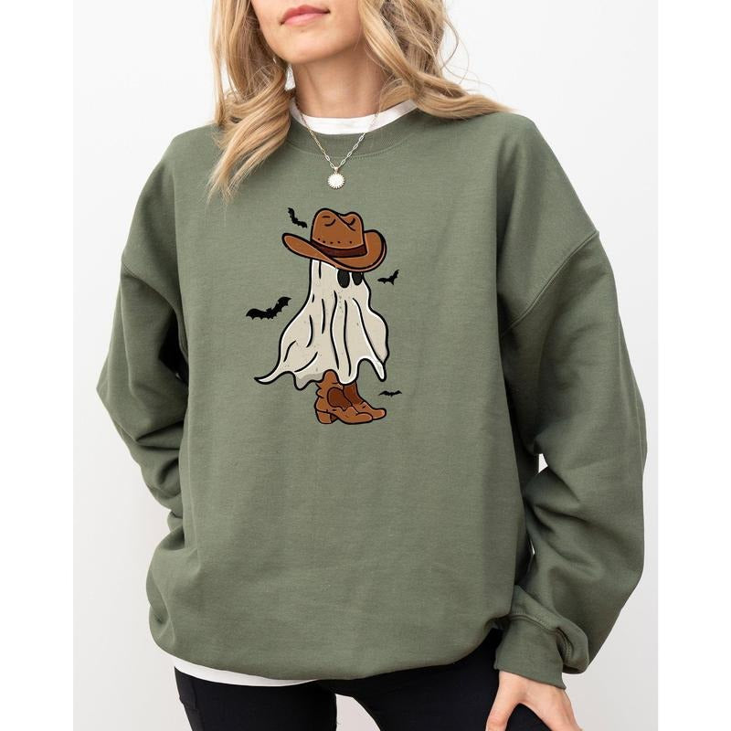 Mini Cowboy Ghost, Funny, Retro, Aesthetic, Vintage Sweatshirt, Women's Crew Neck, Crewneck T-Shirts, Hoodie