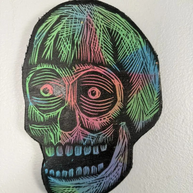 Mini Skull ( 6" x 8") Woodcut Printed on Painted and Shaped Wooden Panels 6" x8" Decor Wall T-Shirts, Hoodie, Sweatshirt