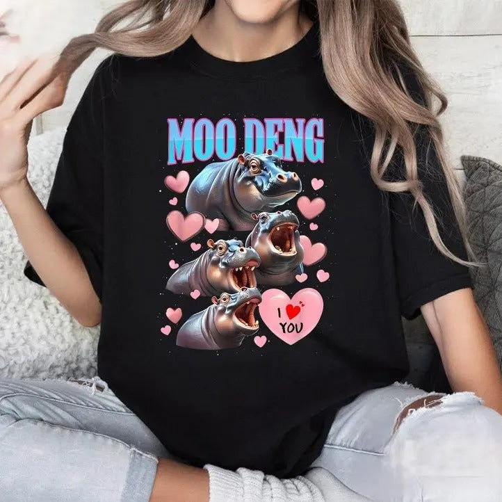 Moo Deng I Love You Funny T-Shirt, Moo Deng T-Shirt, Baby pygmy hippo Moo Deng T-Shirt, Gift For Her, Gift For Him Fabric...