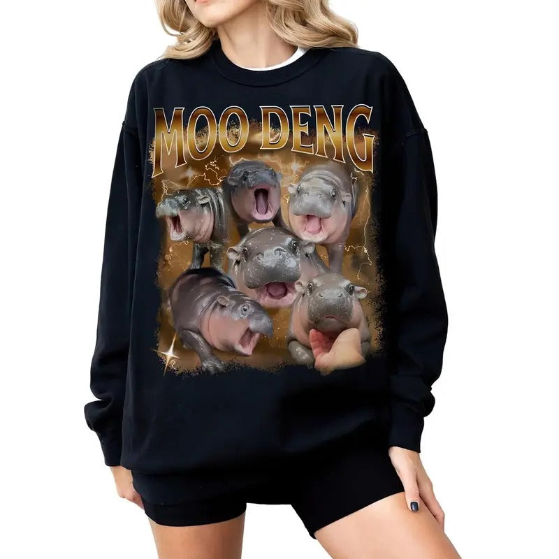 Moo Deng Pygmy Hippo Vintage 90s Graphic Cute Meme Crewneck Tshirt Sweatshirt 100% Cotton Soft Fabric Hoodie