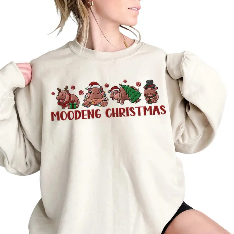 Moodeng Christmas Embroidered T-Shirt, Funny Baby Hippo Moo Deng Tee, Holiday Unisex Sweatshirt and Hoodie | GrindPrints.com