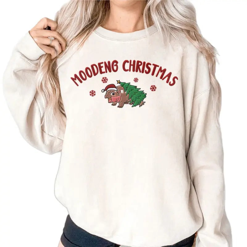 Moodeng Christmas Shirt, Embroidered T-shirt, Holiday Unisex Sweatshirt, Funny Baby Hippo Tee Hoodie | GrindPrints.com