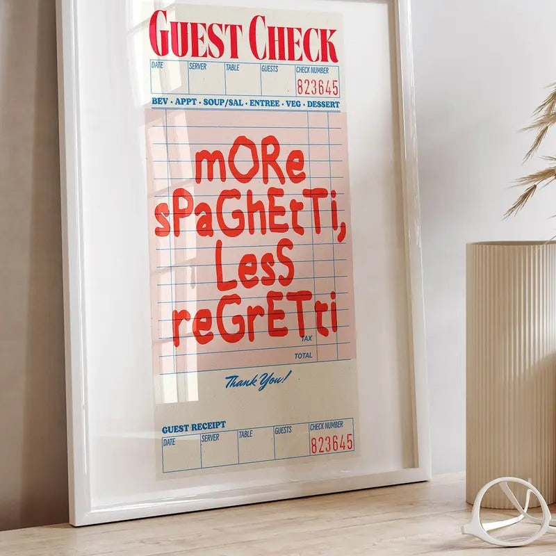 More Spaghetti Less Regretti Guest Check Poster, Funny Quote Wall Art, Kitchen Decor, Trendy Retro Wall Art Funky Decor,...