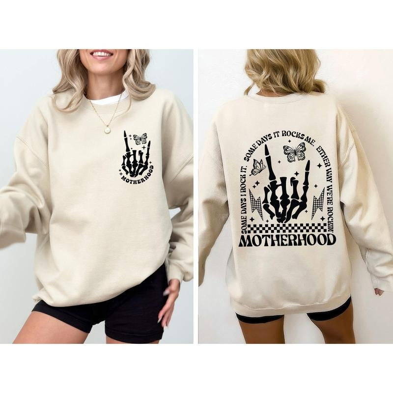 Motherhood Rocks, Mother's Day, Skeleton, Trend Sweatshirt, Women's Crew Neck, Crewneck T-Shirts, Hoodie | GrindPrints.com