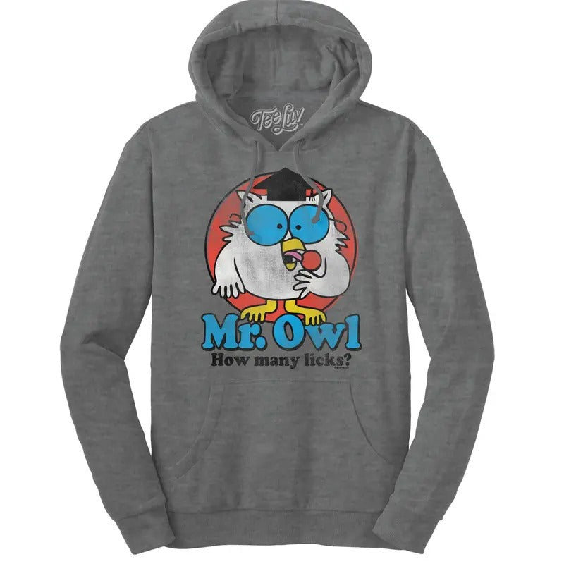 Mr. Owl Tootsie Pop How Many Licks Hooded Sweatshirt - Oxford Gray T-Shirts, Hoodie | GrindPrints.com